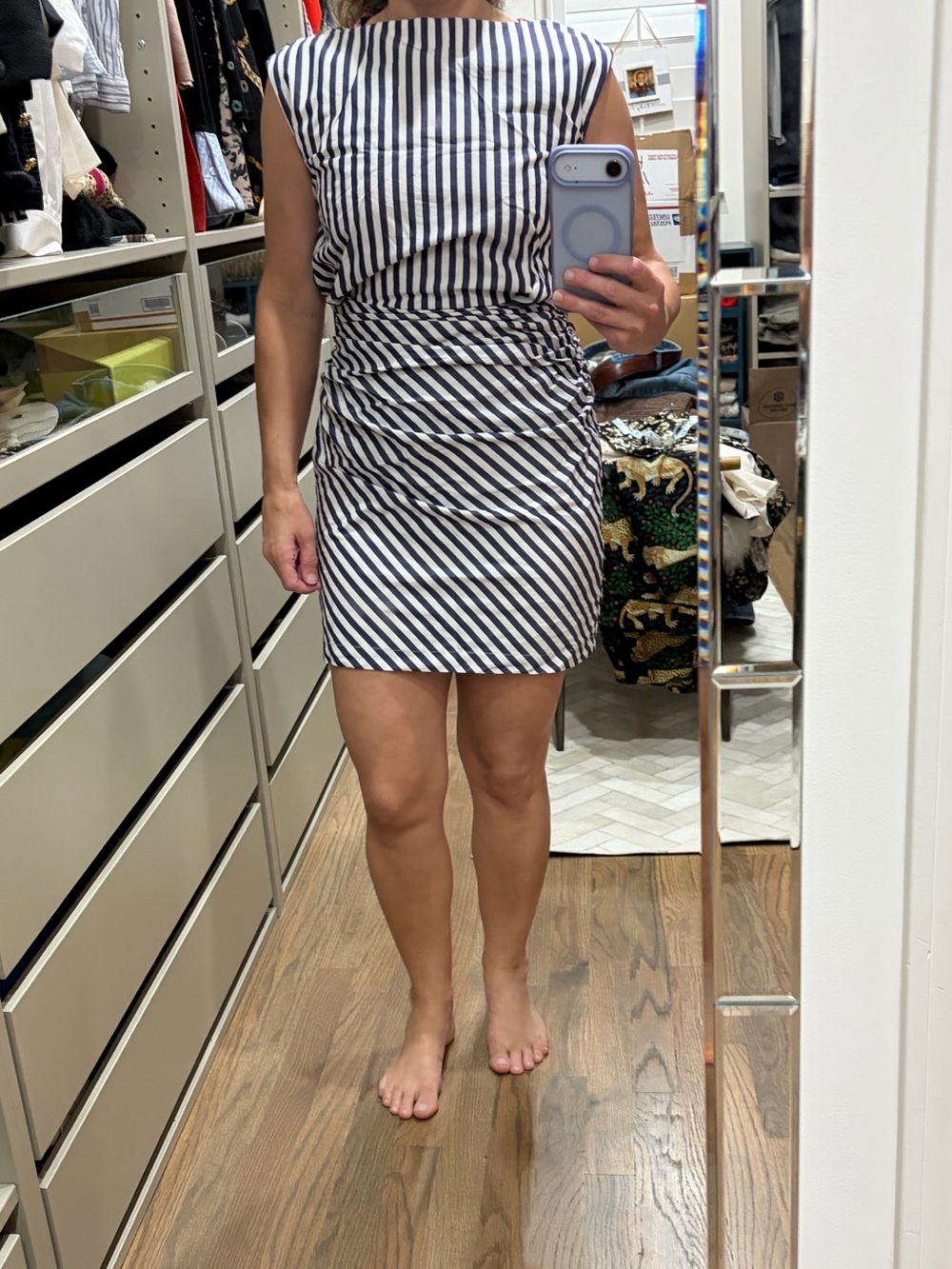 Striped Navy and White Strapless Ruched Women’s Dress - Picture 3 of 3